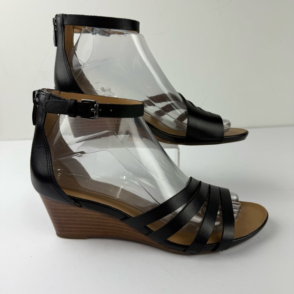 Franco Sarto Womens 7.5 Dutch Black Leather Ankle Strap Wedge Heel Sandal